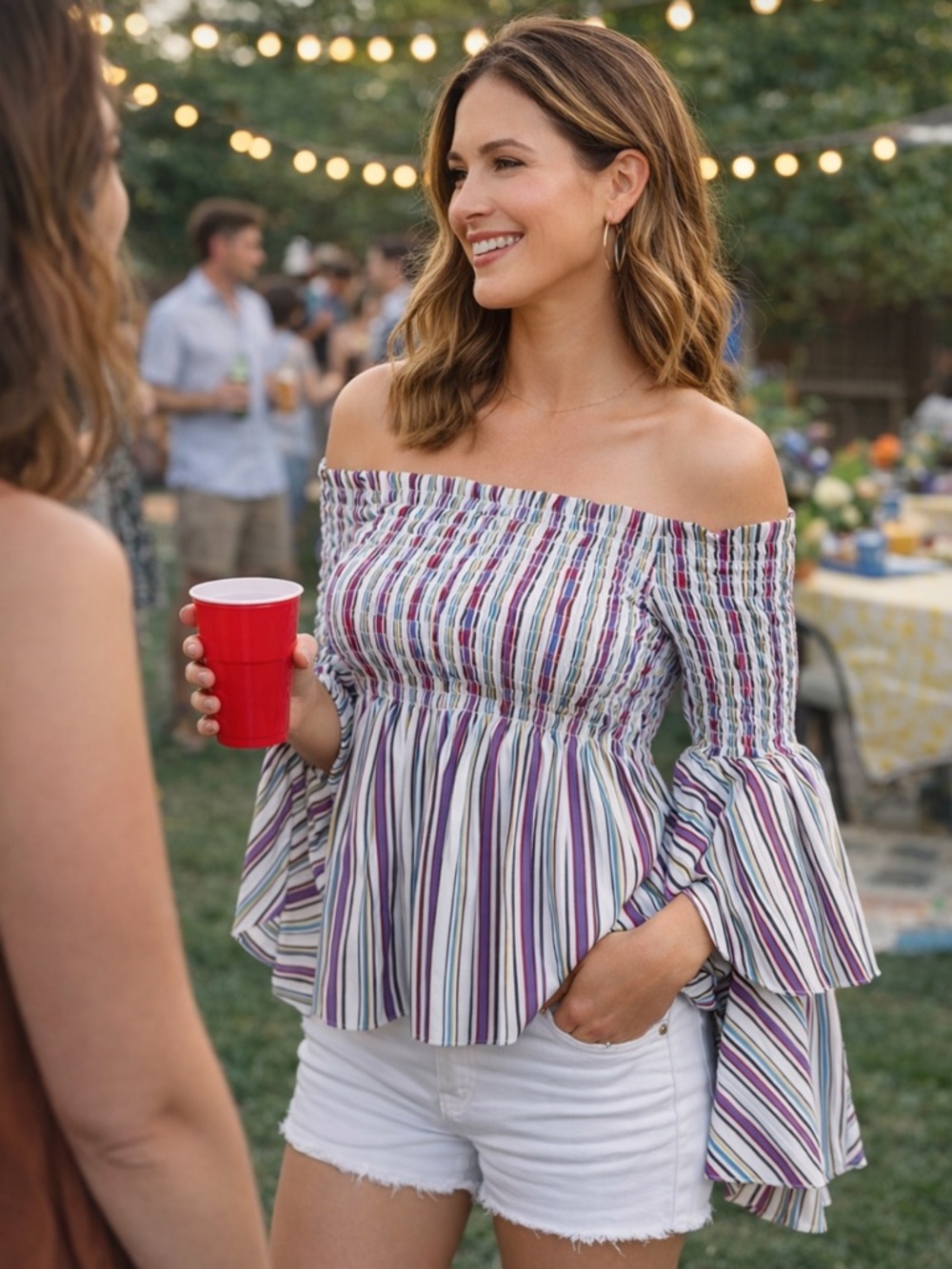 CAROLINE CONSTAS APPOLONIA OFF THE SHOULDER MULTI COLOR TOP